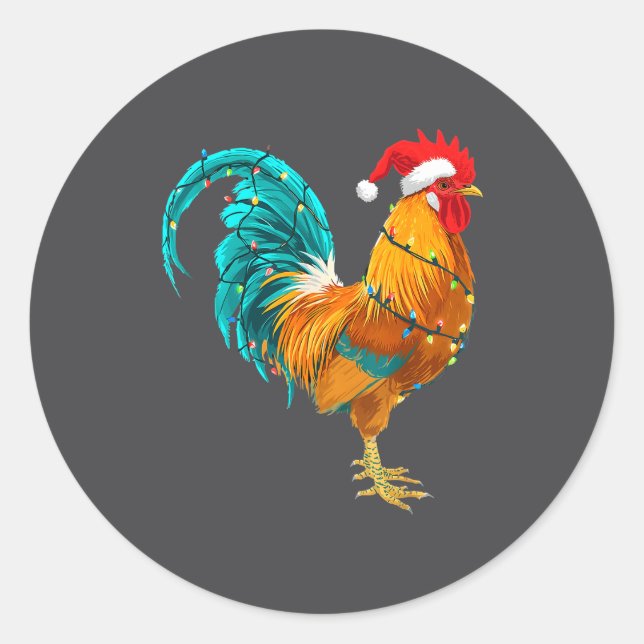 Funny Rooster Chicken Santa Christmas Lights Farme Runder Aufkleber (Vorderseite)