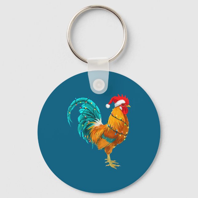 Funny Rooster Chicken Santa Christmas Lights Farme Schlüsselanhänger (Vorderseite)
