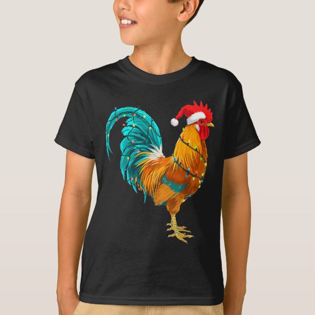 Funny Rooster Chicken Santa Christmas Lights Farme T-Shirt (Vorderseite)