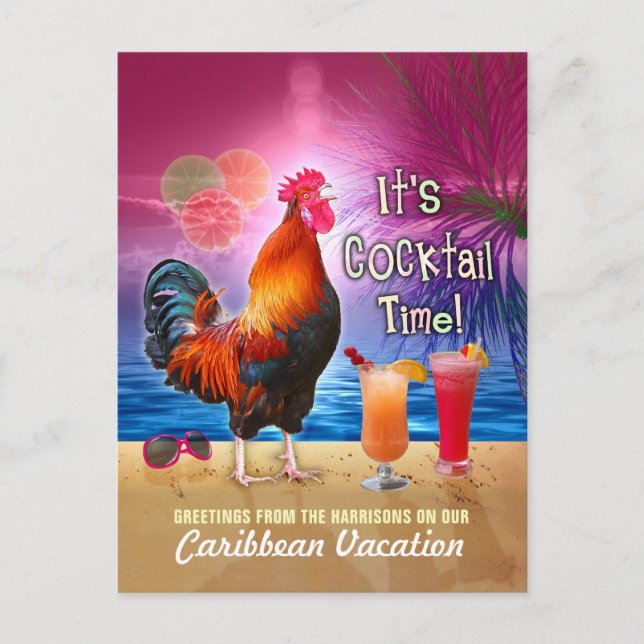 Funny Rooster Cocktails Tropischer Strandurlaub Postkarte (Vorderseite)