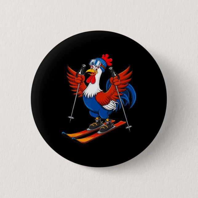 Funny Rooster Skiing Adventure Cartoon  Button (Vorderseite)