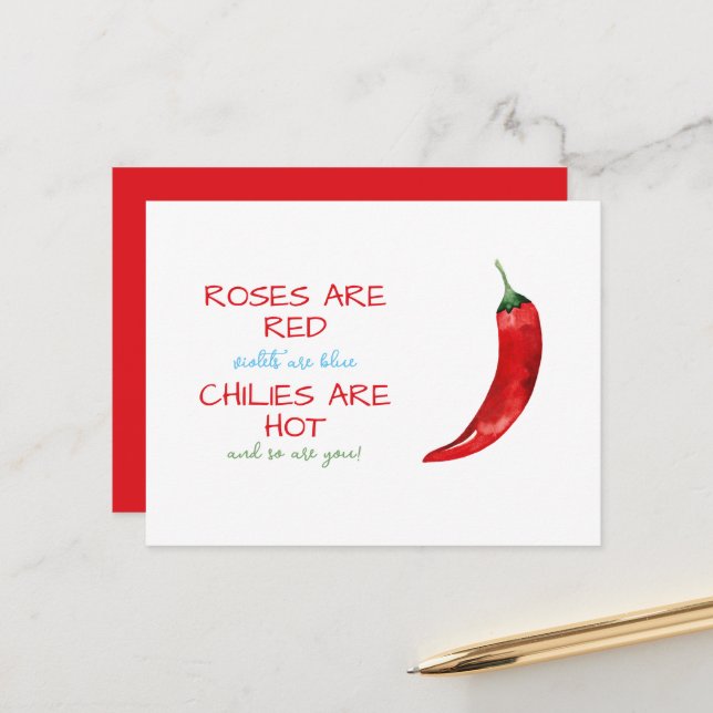 Funny Rose sind Red Chili Gedicht Valentine's Day Postkarte (Vorderseite/Rückseite Beispiel)
