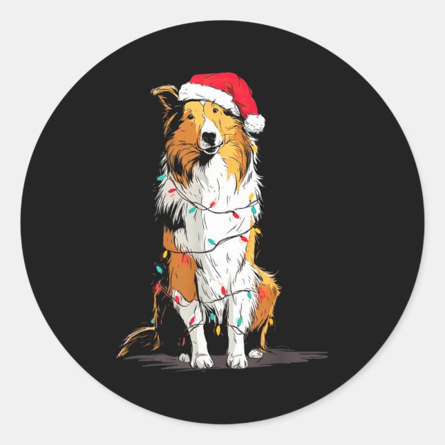 Funny Rough Collie Christmas Graphics Dog Lights L Runder Aufkleber (Vorderseite)