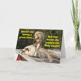 Funny & Rude Doll Riding A Dead Carp Fish, Card. Karte