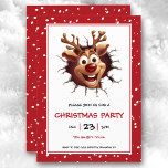 Funny Rudolph Reindeer Weihnachts-Party Einladung<br><div class="desc">Niedliche Weihnachtsfeier mit lustigen Rudolph die Rentiere durchbrechen,  schneerote Kanten und die Rückseite. Personalisieren Sie den Text einfach. Kate Eden Art</div>