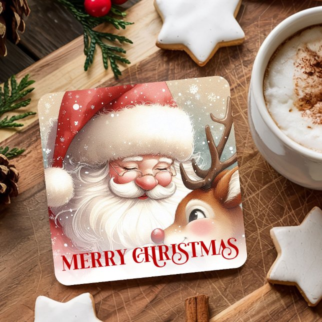 Funny Rudolph Santa Cute Christmas Paper Coaster   Rechteckiger Pappuntersetzer (Funny Rudolph Santa Cute Christmas Paper Coaster Art

)