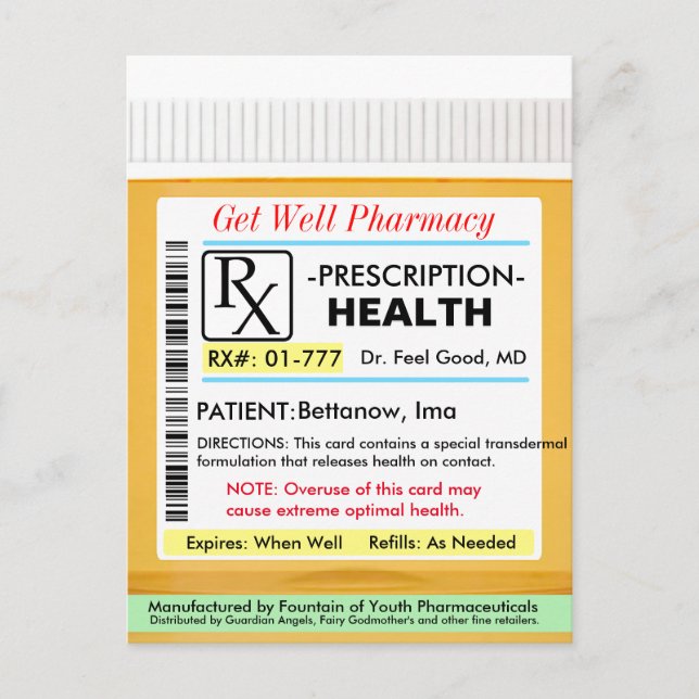 Funny RX-Rezept für Gesundheit Postkarte (Vorderseite)