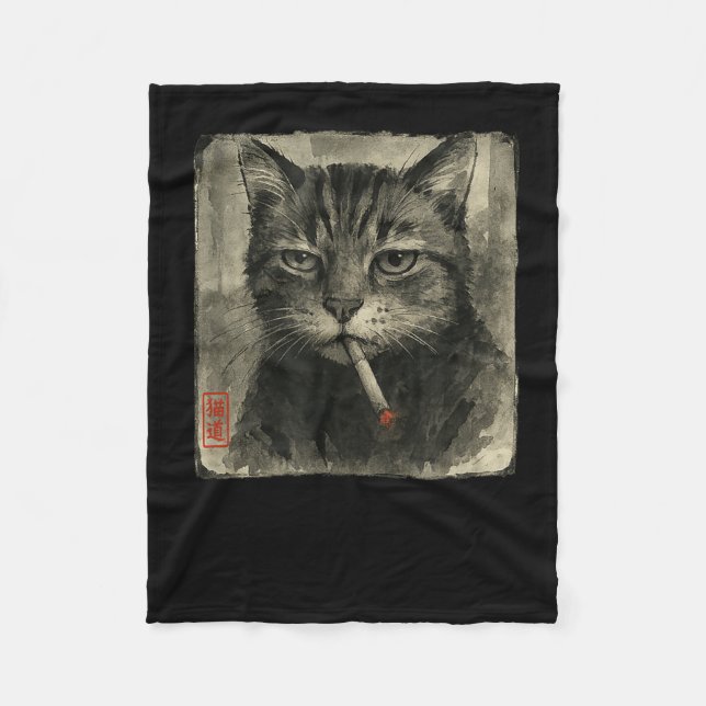 Funny Sad Cat Rauchen Zigarette Meme Lover Sumi-e Fleecedecke (Vorderseite)