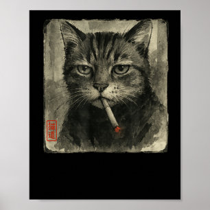 Funny Sad Cat Rauchen Zigarette Meme Lover Sumi-e Poster
