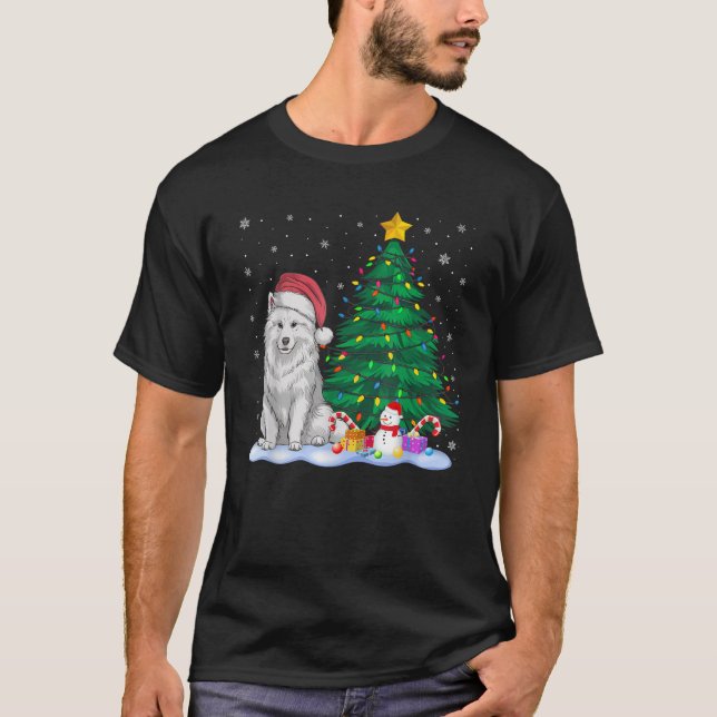 Funny Samoyed Hund Xmas Tree Lights Reindeer Hat C T-Shirt (Vorderseite)