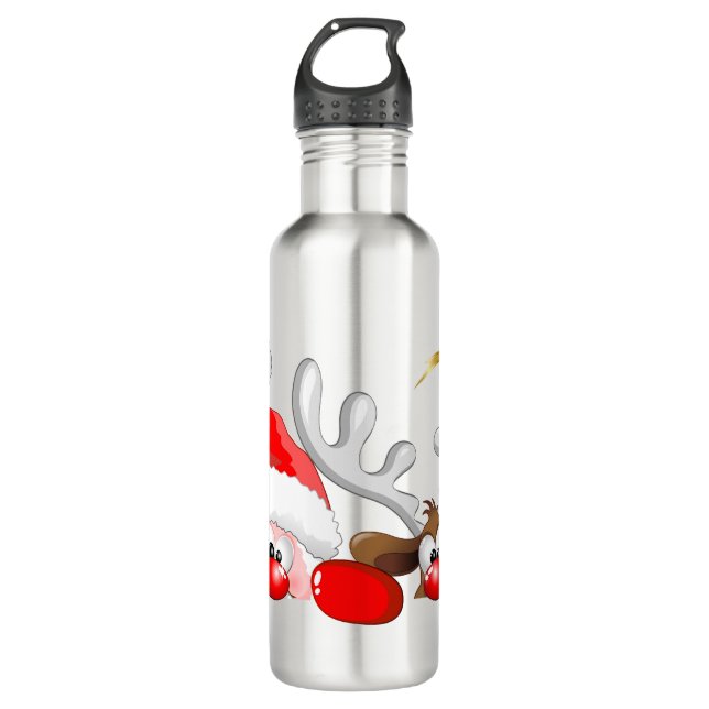 Funny Santa and Reindeer Cartoon Edelstahlflasche (Vorderseite)