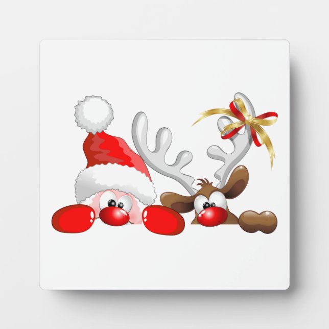 Funny Santa and Reindeer Cartoon Fotoplatte (Vorderseite)