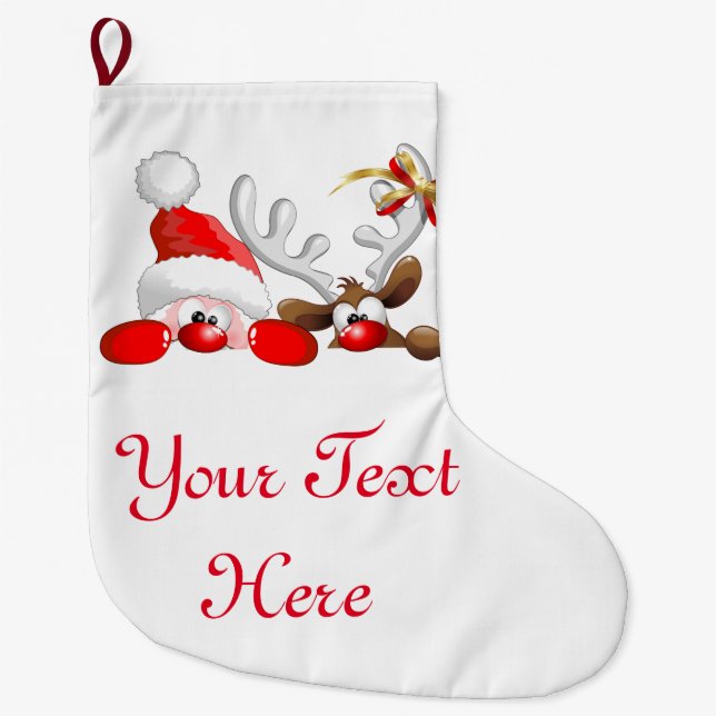 Funny Santa and Reindeer Cartoon Großer Weihnachtsstrumpf (Vorderseite)