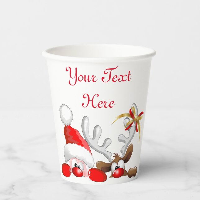 Funny Santa and Reindeer Cartoon Pappbecher (Vorderseite)