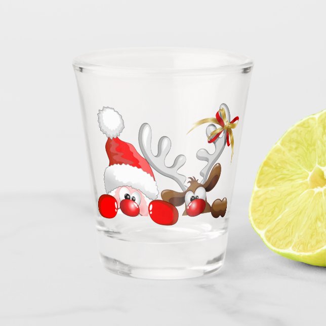 Funny Santa and Reindeer Cartoon Schnapsglas (Vorderseite)