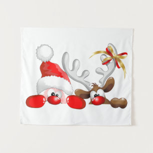 Funny Santa and Reindeer Cartoon Wandteppich