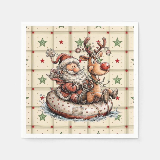 Funny Santa and Rudolf On A Water Tube  Serviette (Vorderseite)