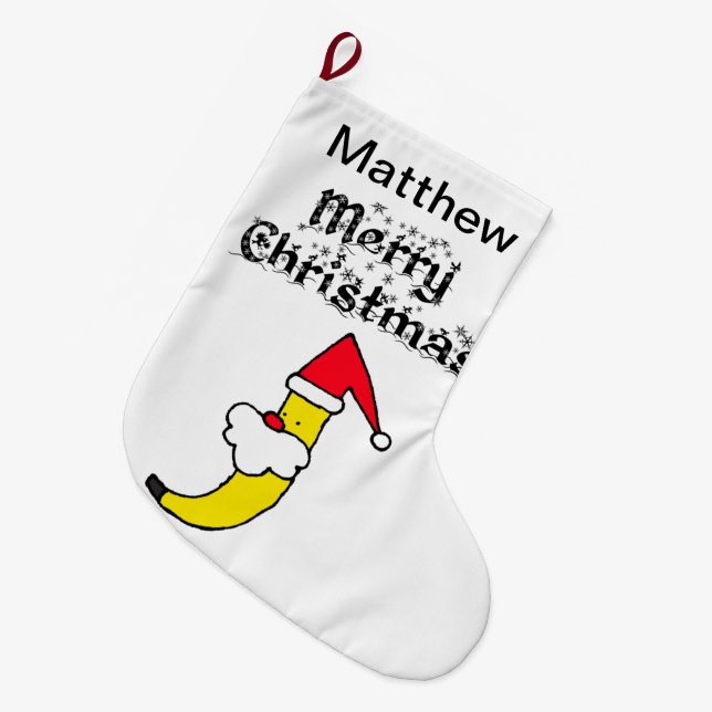 Funny Santa Banana Frohe Weihnachten Großer Weihnachtsstrumpf (Vorderansicht (hängend))