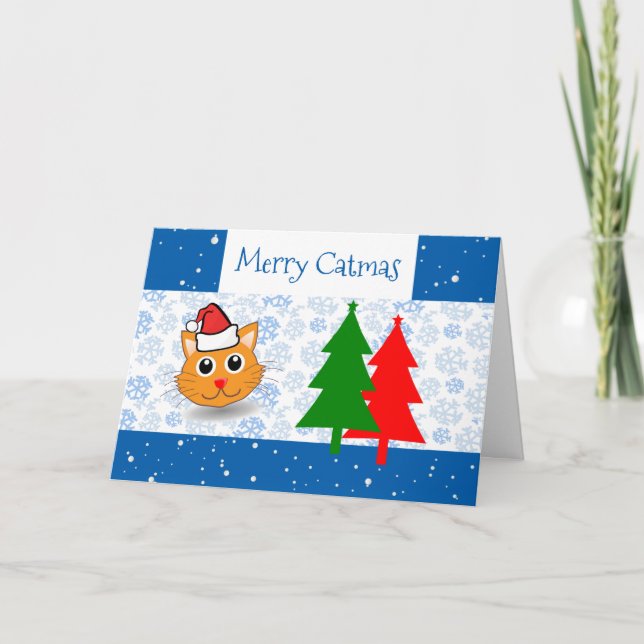 Funny Santa Cat Snow Merry Weihnachtsbaumen Karte (Vorderseite)