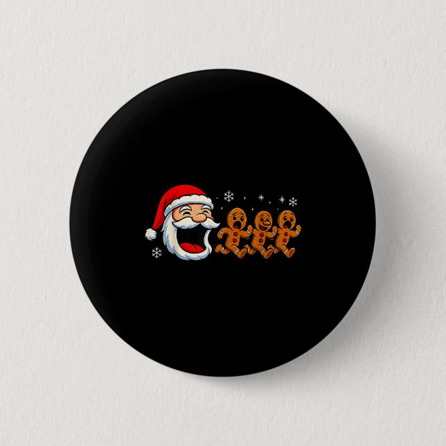 Funny Santa Chasing Gingerbread Christmas Cookie  Button (Vorderseite)