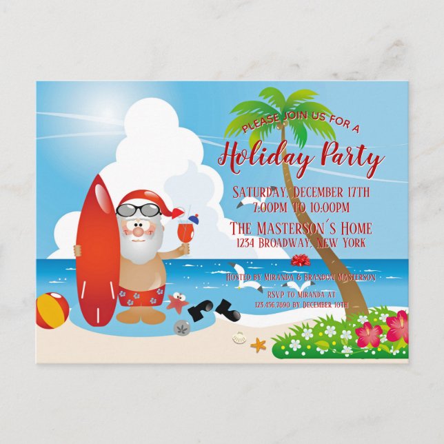Funny Santa Claus Beach Feier Einladung Postkarte (Vorderseite)
