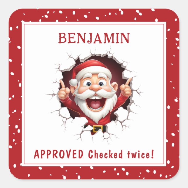 Funny Santa Claus bricht durch Name Weihnachten Quadratischer Aufkleber (Vorderseite)