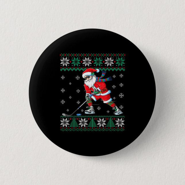 Funny Santa Claus Christmas Ice Hockey Ugly Sweate Button (Vorderseite)