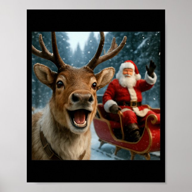 Funny Santa Claus In Sleigh With Reindeer Christma Poster (Vorne)