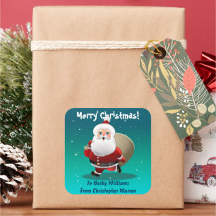 Funny Santa Claus mit einem Sack voller Geschenke Quadratischer Aufkleber