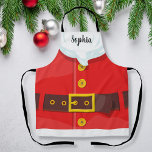 Funny Santa Claus Outfit Custom Text Weihnachten Schürze<br><div class="desc">Eine sonnige Weihnachtsfeiertage mit der Ausstattung des Weihnachtsmannes,  die mit einem schwarzen und goldenen Gürtel,  weißem Bart und rotem Mantel geschmückt ist. Fügen Sie einen Namen für benutzerdefinierten Text zu personalisieren. Ideal für das Backen,  Weihnachten Party und vieles mehr.</div>