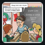 Funny Santa Claus Pun Christmas Square Stickers<br><div class="desc">Diese lustigen Weihnachtsaufkleber zeigen einen Klassenraum,  in dem die Schüler Englisch lernen und über Klauseln lernen. Der Lehrer beauftragt eine Übung,  eine Liste von Klauseln zu erstellen. Ein kleiner Junge ist Gefühl der Freude,  des Wunders und des Weihnachtsgeistes und hat nur eine Klausel im Kopf - den Weihnachtsmann!</div>