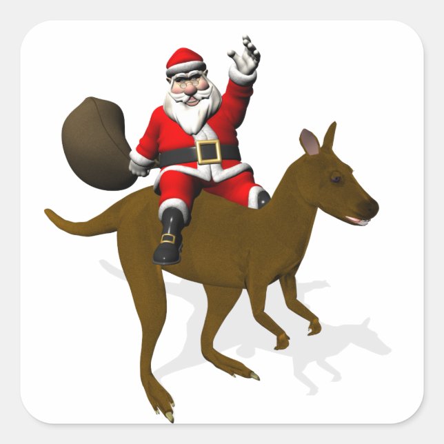 Funny Santa Claus Reiten auf Kangaroo Quadratischer Aufkleber (Vorderseite)
