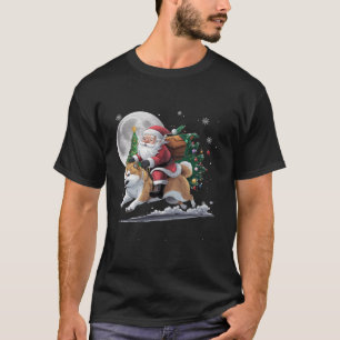 Funny Santa Claus Riding Shiba Inu Dog Tree Lights T-Shirt