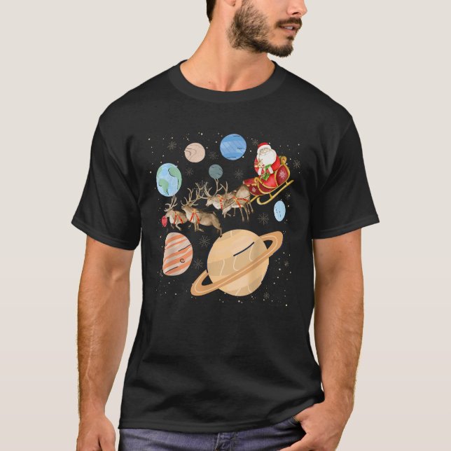 Funny Santa Claus Sleigh Solar System Space Planet T-Shirt (Vorderseite)