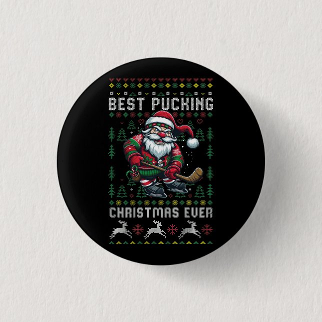 Funny Santa Claus Ugly Christmas Ice Hockey Best P Button (Vorderseite)
