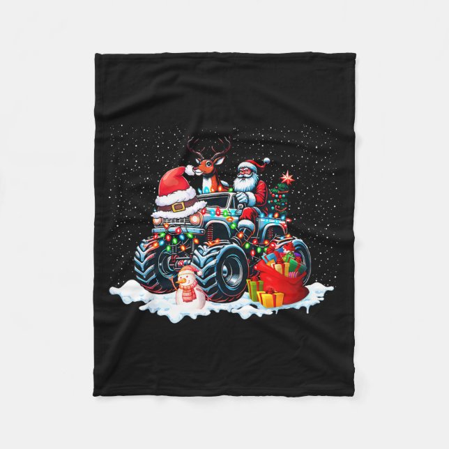 Funny Santa Clause Riding Monster Red Truck Xmas T Fleecedecke (Vorderseite)