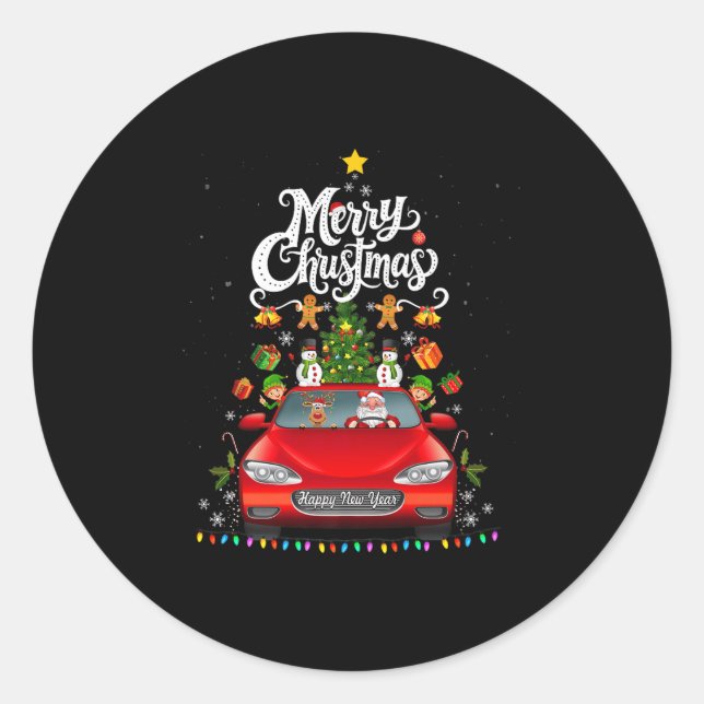 Funny Santa Driving Wagon Red Truck Weihnachtsbaum Runder Aufkleber (Vorderseite)
