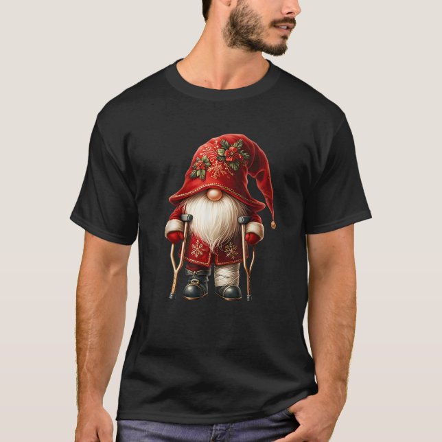 Funny Santa Gnome With Broken Leg And Crutches For T-Shirt (Vorderseite)