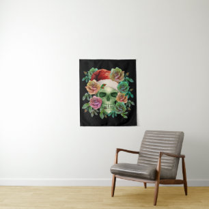 FUNNY SANTA GREEN SKULL AND CHRISTMAS FLORAL WANDTEPPICH