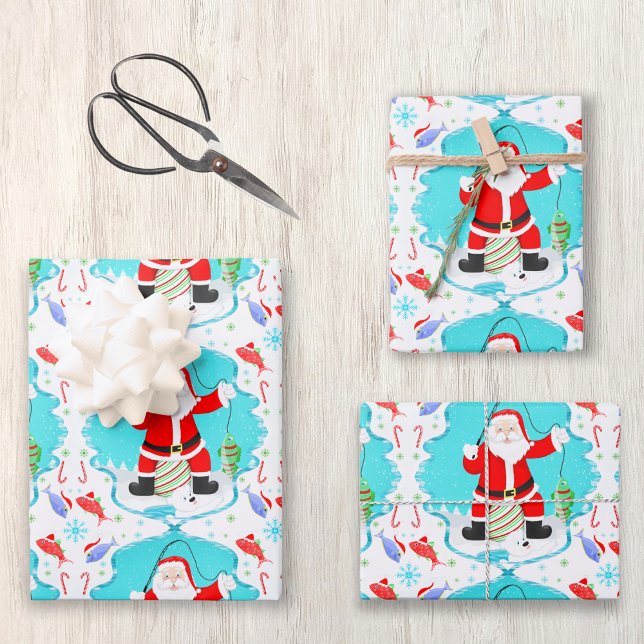 Funny Santa Ice Fischen mit Polar Bären Muster Geschenkpapier Set (Christmas fun for the fishing fan! )