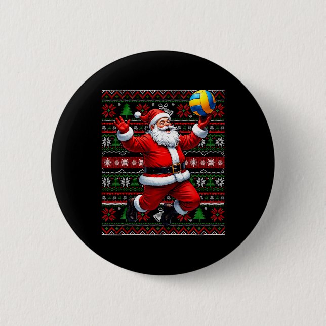Funny Santa Playing Volleyball Ugly Weihnachten Sw Button (Vorderseite)