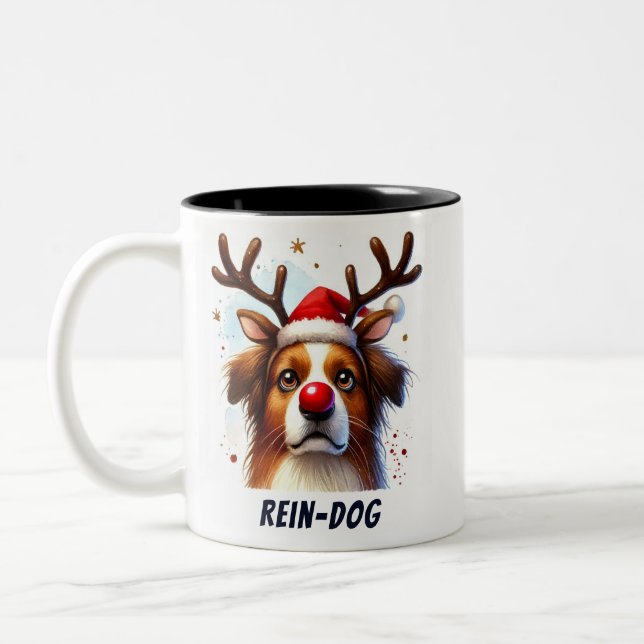 Funny Santa Rein-Dog Rote Nase Zweifarbige Tasse (Links)