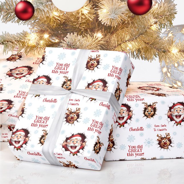 Funny Santa Reindeers Girlaname Text Weihnachten Geschenkpapier (Funny Santa Reindeers Girl Name Text Christmas Wrapping Paper)
