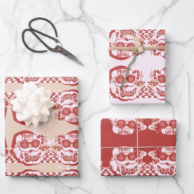 Funny Santa Retro Rosa Weihnachts-Party Geschenkpapier Set (Vorderseite)