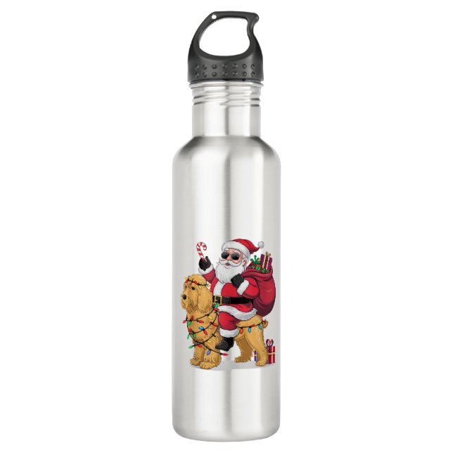 Funny Santa Riding Goldendoodle Dog Weihnachten Edelstahlflasche (Vorderseite)