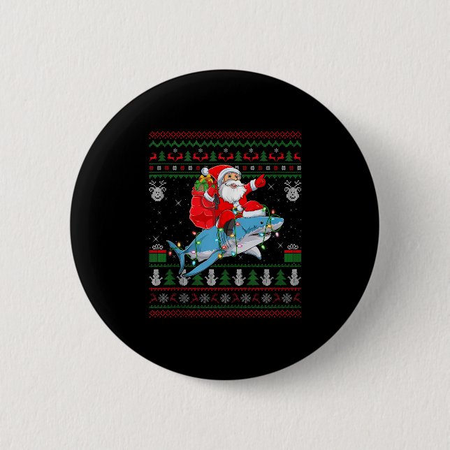 Funny Santa Riding Shark Ugly Christmas Sweaters S Button (Vorderseite)