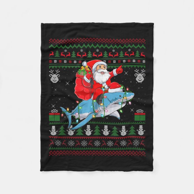 Funny Santa Riding Shark Ugly Christmas Sweaters S Fleecedecke (Vorderseite)