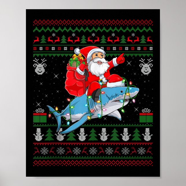 Funny Santa Riding Shark Ugly Christmas Sweaters S Poster (Vorne)