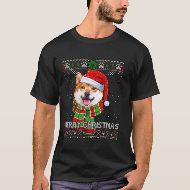 Funny Santa Shiba Inu Scarf Lover Ugly Christmas S T-Shirt (Vorderseite)