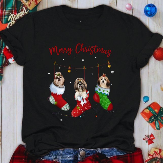 Funny Santa Shih Tzu Christmas Stocking Night T-Shirt (Von Creator hochgeladen)